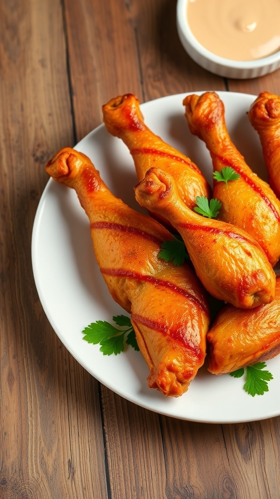 Crispy baked chicken drumsticks on a plate with dipping sauce and parsley garnish.